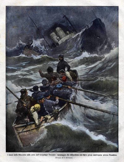 Sinking of an Italian boat off Tuscany in 1910. illustration by Achilles Beltrame av Achille Beltrame