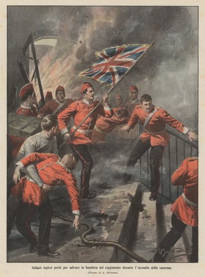 Britiske soldater omkom for å redde regimentsflagget under brakkebrannen av Achille Beltrame