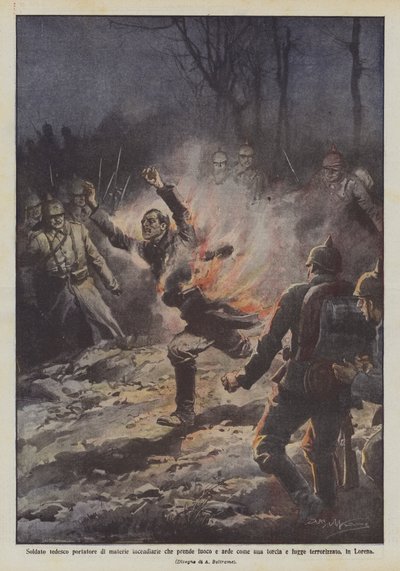 Tysk soldat som bærer brennende materialer som tar fyr og brenner som en fakkel og flykter? av Achille Beltrame