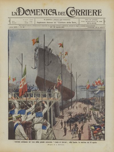 Høytidelig seremoni for lanseringen av det store slagskipet Conte di Cavour i La Spezia, om morgenen 10. august av Achille Beltrame