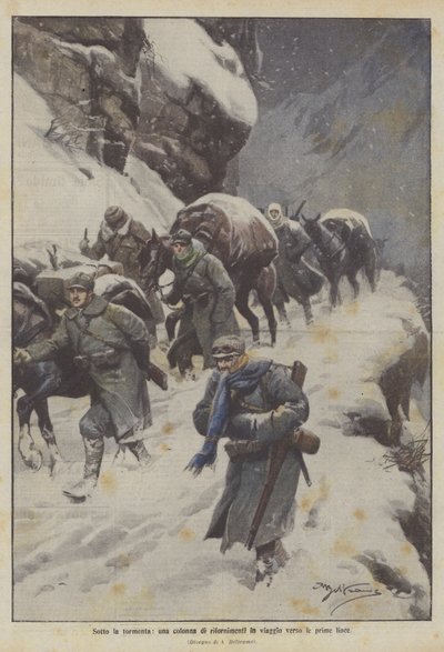 Under snøstormen, en kolonne med forsyninger på vei til frontlinjene av Achille Beltrame