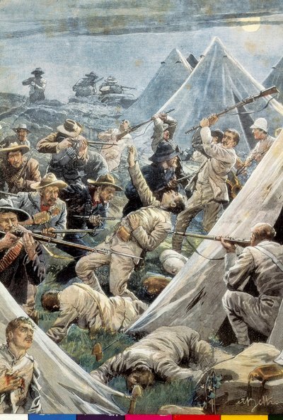 Sør-Afrika. Andre boerkrig. Angrep på den engelske leiren Tweefontein (1902). Illustrasjon av Achille Beltrame. Gravering. av Achille Beltrame