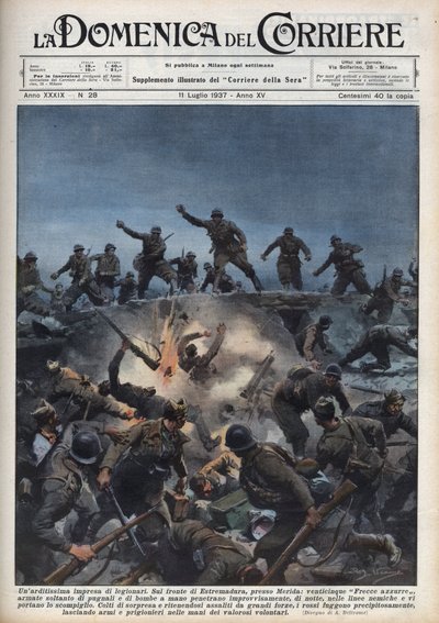 Spansk borgerkrig: En avdeling av italienske frivillige flykter fra den spanske republikanske hæren i Merida-regionen, Spania. Illustrasjon av Achille Beltrame i "La domenica del Corriere"" av 11.07.1937. av Achille Beltrame