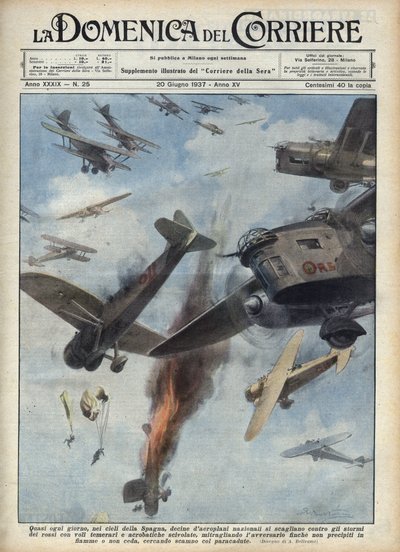 Spansk borgerkrig: Luftsammenstøt mellom republikanske og nasjonalistiske fly over Spania i krig. Illustrasjon av Achille Beltrame i "La domenica del Corriere"" av 20.06.1937. av Achille Beltrame