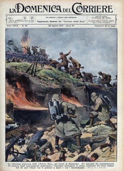 Spansk borgerkrig: Fremsender av "Frecce nere"-brigadene på Santander-fronten. Illustrasjon av Achille Beltrame fra "La domenica del corriere"" av 29.08.1937. av Achille Beltrame