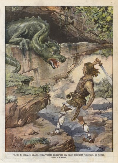 La Scala Theatre, Milano, Siegfrieds kamp med dragen, i operaen Siegfried Di Wagner av Achille Beltrame