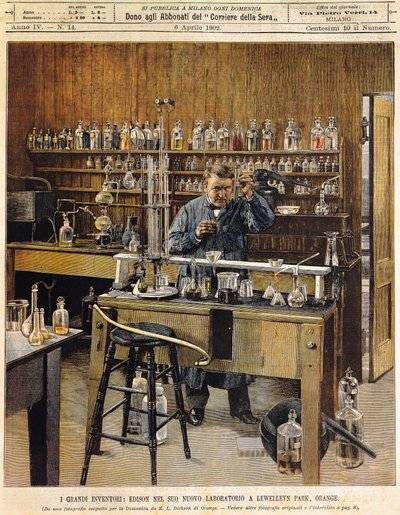 Den amerikanske oppfinneren Thomas Ava Edison (1847-1931) i sitt nye laboratorium i Lewellein Park, Illustrasjon av Achille Beltrame (1871-1945), La Domenica del Corriere av Achille Beltrame