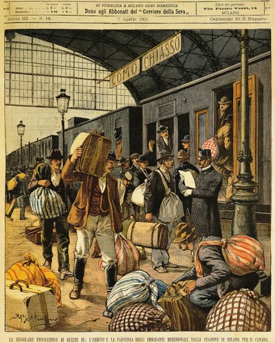 Den store emigrasjonen: ankomster og avganger av søritalienske emigranter til Canada, av Achille Beltrame (1871-1945), fra La Domenica del Corriere, 7. april 1901 av Achille Beltrame