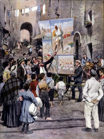 The Poesy of War: De siste populære sangene inspirert av Libya-krigen synges i gatene i Napoli av gateartister. ill. de Beltrame. La Domenica del Corriere. 1912 av Achille Beltrame