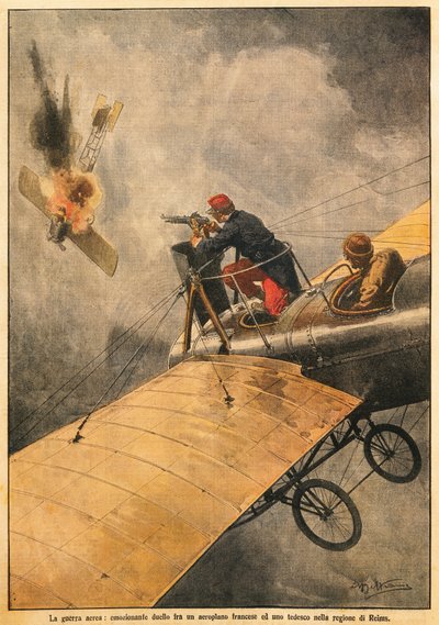 The War in Air: Duell mellom fransk fly og tysk fly over Reims, av Achille Beltrame (1871-1945), fra La Domenica del Corriere, 25. oktober 1914 av Achille Beltrame