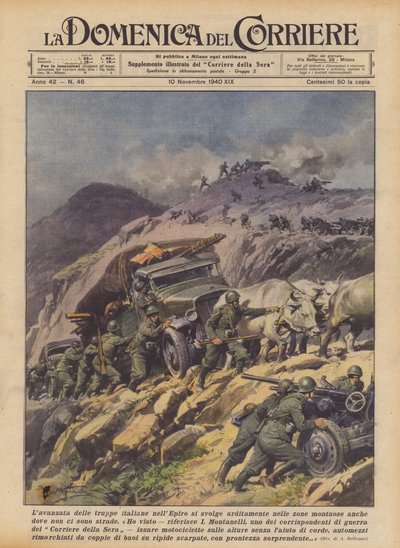 Fremrykningen av italienske tropper i Epirus skjer dristig i fjellområder selv der det ikke er veier (farge litho) av Achille Beltrame