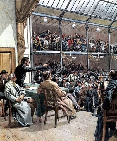 Fremkomsten av de første fagforeningene i Milano i 1901. Ill. de Beltrame. La Domenica del Corriere 