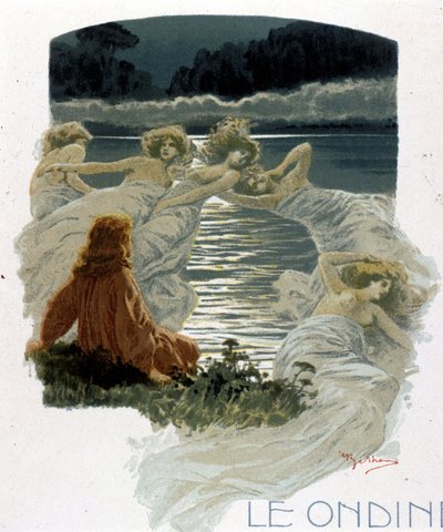 Karakterene til ondinene, unge nymfer i vannet i germansk mytologi. Illustrasjon av A. Beltrame. av Achille Beltrame