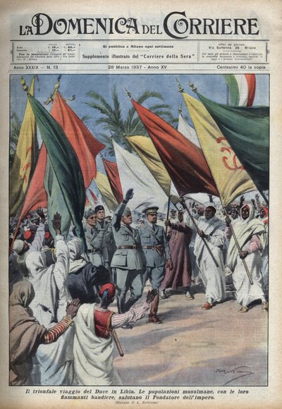 Hertugen Benito Mussolini på reise til Libya blir møtt av mengden. Illustrasjon av Achille Beltrame i "" La domenica del Corriere"" fra 28/03/1937. av Achille Beltrame