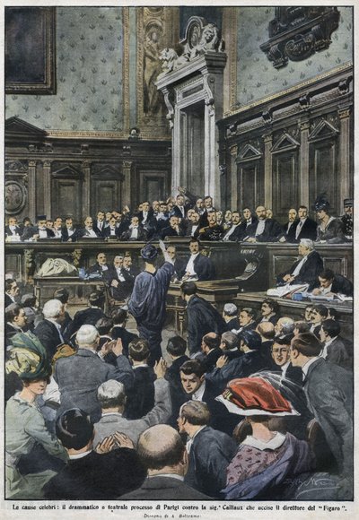 The grand procés: the great procés in Paris av Madame Caillaux som myrdet direktøren for Figaro. "La Domenica del Corriere", 22. til 29. november 1914. av Achille Beltrame