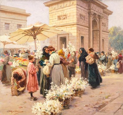 Liljemarkedet på Porta Garibaldi i Milano, av Achille Beltrame (1871-1945), fra La Domenica del Corriere, Italia 20. århundre av Achille Beltrame