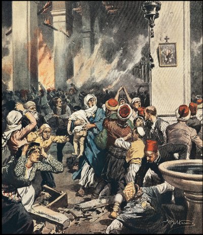 The massacres of Armenians in Turkey in 1909 in Adana, illustration by Achilles Beltrame (1871-1945) in “La Domenica del Corriere”” of May 1909 av Achille Beltrame