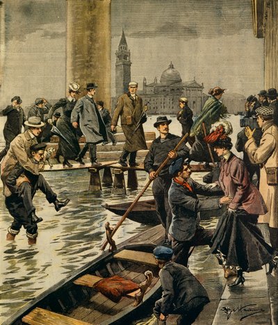 Fenomenet høyvann på Markusplassen i Venezia, av Achille Beltrame (1871-1945), fra La Domenica del Corriere av Achille Beltrame
