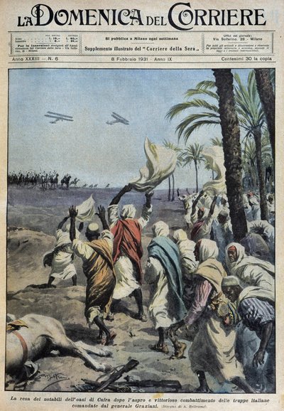Overgivelsen av notabilitetene fra oasen Koufra (Qufra eller Cufra, Libyske Sahara) etter det vanskelige og seirende slaget til de italienske troppene kommandert av general Graziani - dess. de A. Beltrame i "" la Domenica del Corriere"" av 08.02.1931 av Achille Beltrame