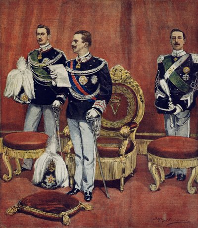 Innedelsen til kong Vittorio Emanuele III i Senatets kamre i Roma, av Achille Beltrame (1871-1945), fra La Domenica del Corriere av Achille Beltrame