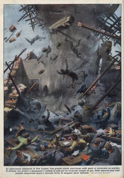 Tragedien av en skoleeksplosjon i New London, Texas, forårsaket av en gasslekkasje 18. mars. Illustrasjon av Achille Beltrame i "La domenica del Corriere"" av 04.04.1937. av Achille Beltrame