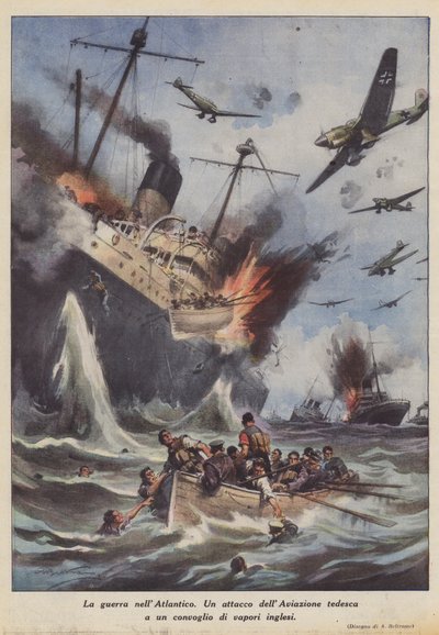 Krigen i Atlanterhavet (farge litho) av Achille Beltrame