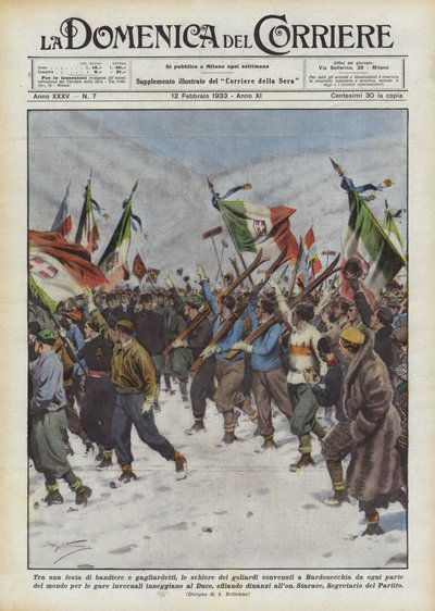 Mellom et parti av flagg og vimpler samlet rekkene av goliardene seg i Bardonecchia fra hele verden? av Achille Beltrame