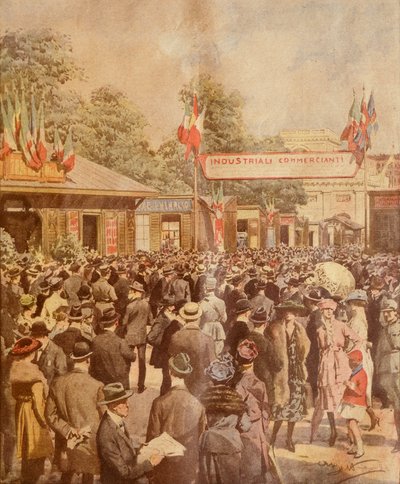 Varemesse i Milano, av Achille Beltrame, illustrasjon, illustratør Achille Beltrame (1871-1945), fra La Domenica del Corriere, 24. april 1921 av Achille Beltrame