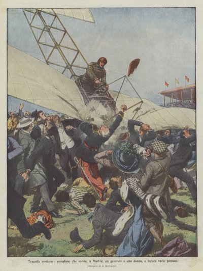 Moderne tragedier, et fly som dreper en general og en kvinne i Madrid og skader forskjellige mennesker av Achille Beltrame
