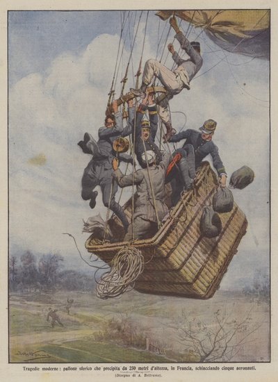 Moderne tragedier, sfærisk ballong som faller fra en høyde på 250 meter, i Frankrike, og knuser fem luftfartøyer av Achille Beltrame