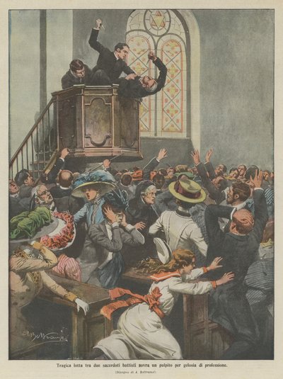 Tragisk kamp mellom to baptistprester på en prekestol for yrkessjalusi (farge litho) av Achille Beltrame