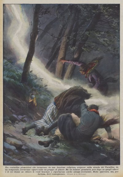 Tre piemontesiske bondekvinner som kommer tilbake fra en gudstjeneste, overrasket på veien til? av Achille Beltrame