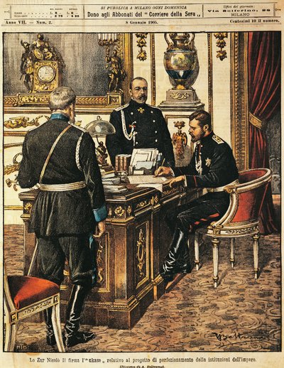 Tsar Nicholas II signeringsprosjekt for institusjonelle reformer, av Achille Beltrame (1871-1945), fra La Domenica del Corriere, 8. januar 1905 av Achille Beltrame