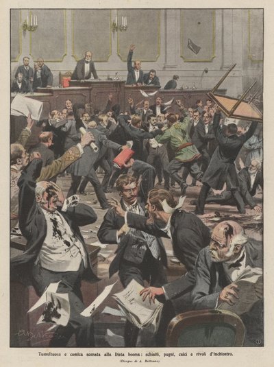 Tumultuøs og komisk scene på Bohemian Diet, slag, slag, spark og sildring av blekk av Achille Beltrame