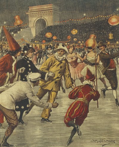 Typisk kostymefest på is på Aren i Milano, av Achille Beltrame, illustrasjon, Illustratør Achille Beltrame (1871-1945), fra La Domenica del Corriere av Achille Beltrame