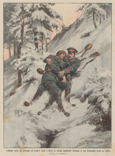 Serbisk offiser som beskytter med sin egen kropp og redder en frossen kollega ved å skli inn i hans? av Achille Beltrame