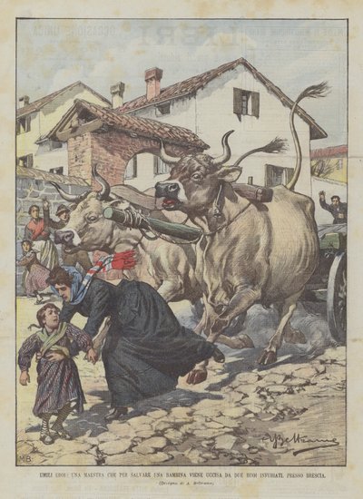 Ydmyke helter, en lærer som skal redde en liten jente, blir drept av to rasende okser, nær Brescia av Achille Beltrame
