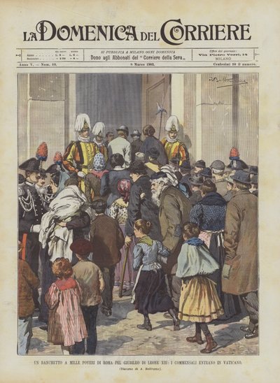 En bankett for tusen fattige mennesker i Roma for jubileet til Leo XIII, gjestene kommer inn i Vatikanet av Achille Beltrame
