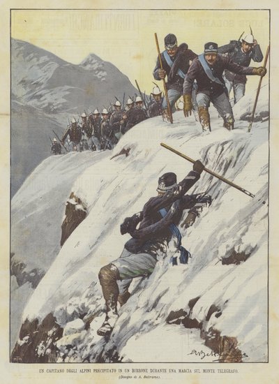 En Alpini-kaptein styrtet inn i en kløft under en marsj på Mount Telegraph av Achille Beltrame
