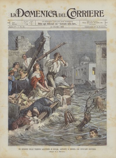 En episode av de forferdelige flommene på Sicilia, innbyggere i Modica ringer etter hjelp av Achille Beltrame
