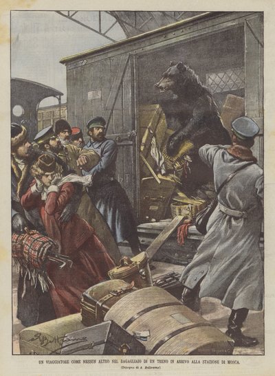 En reisende som ingen andre i bagasjerommet til et ankommende tog på Moskva stasjon av Achille Beltrame