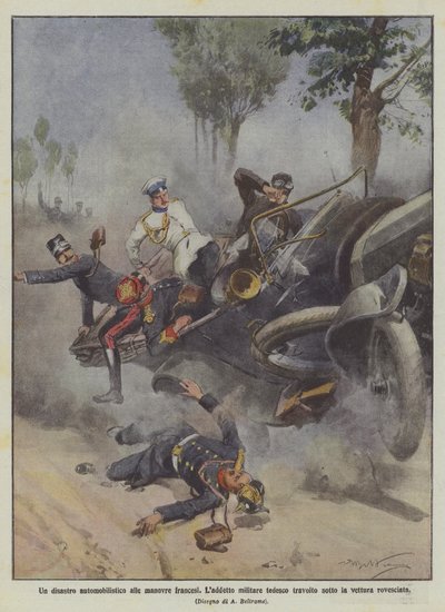 En bilkatastrofe ved de franske manøvrene kjørte den tyske militæroffiseren over under den veltede bilen av Achille Beltrame