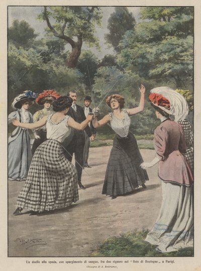 En sverdkamp, ​​med blodsutgytelse, mellom to damer i Bois de Boulogne i Paris av Achille Beltrame