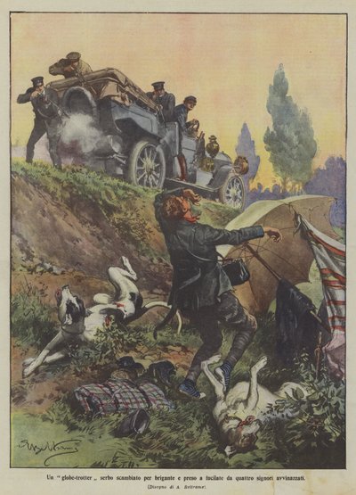 En serbisk globe-trotter som forveksles med en brigand og skutt av fire fulle herrer av Achille Beltrame
