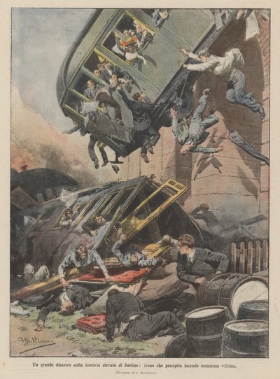 En stor katastrofe på Berlins høye jernbane, et tog som krasjer og drepte mange mennesker av Achille Beltrame