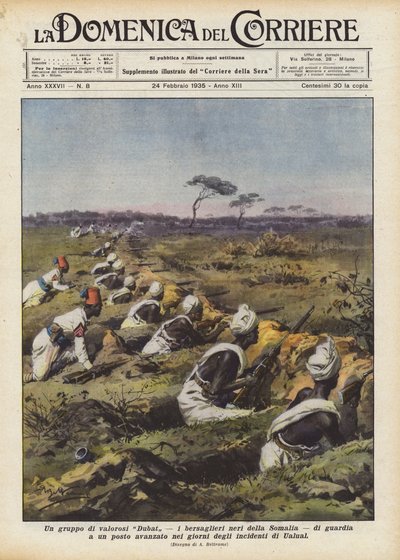 En gruppe modige Dubat, de svarte Bersaglieri fra Somalia, vokter en avansert post i? av Achille Beltrame