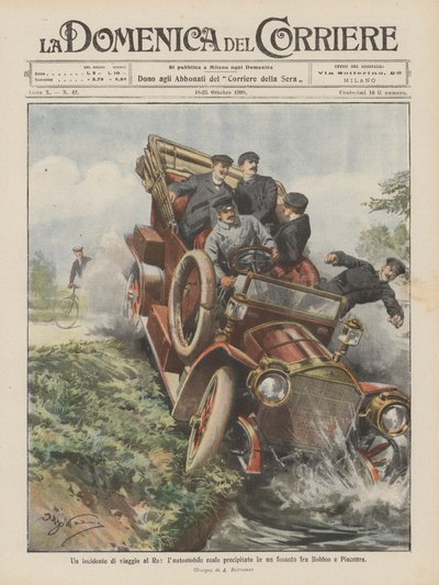 En reiseulykke som involverte kongen, den kongelige bilen krasjet i en grøft mellom Bobbio og Piacellza av Achille Beltrame
