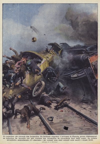 En buss som velter et lokomotiv av Achille Beltrame