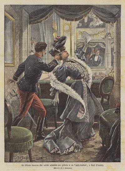 En fransk offiser dreper en artist av sjalusi på en kafé-sang i Niort (Frankrike) av Achille Beltrame