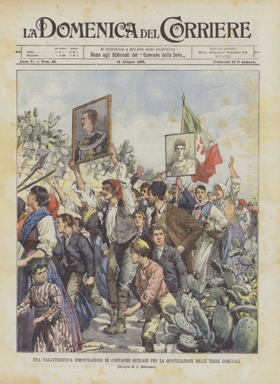 En karakteristisk demonstrasjon av sicilianske bønder for sitering av kommunale landområder av Achille Beltrame